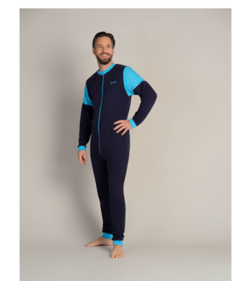 Onepiece med dragkedja fram i bomullstrikå långa ben Unisex 1012