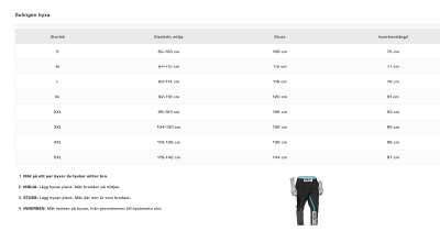 Solingen Byxa Stretch Unisex Svart 4 vägs dragkedja storlekstabell